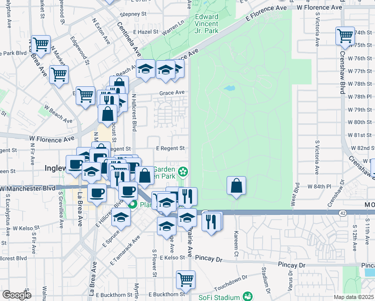 map of restaurants, bars, coffee shops, grocery stores, and more near 664 East Regent Street in Inglewood