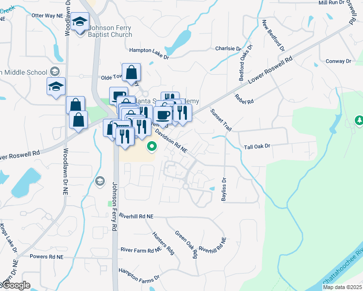 map of restaurants, bars, coffee shops, grocery stores, and more near 5025 Highland Club Drive in Marietta