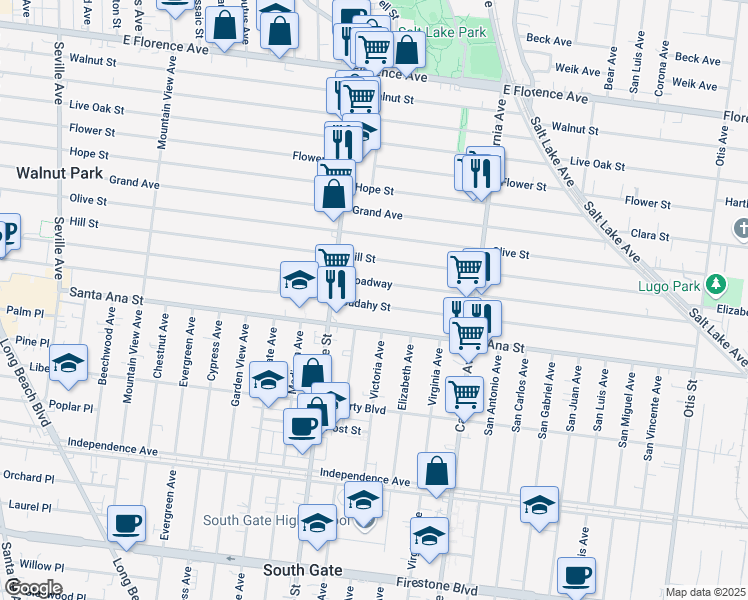 map of restaurants, bars, coffee shops, grocery stores, and more near 3319 Cudahy St in Huntington Park