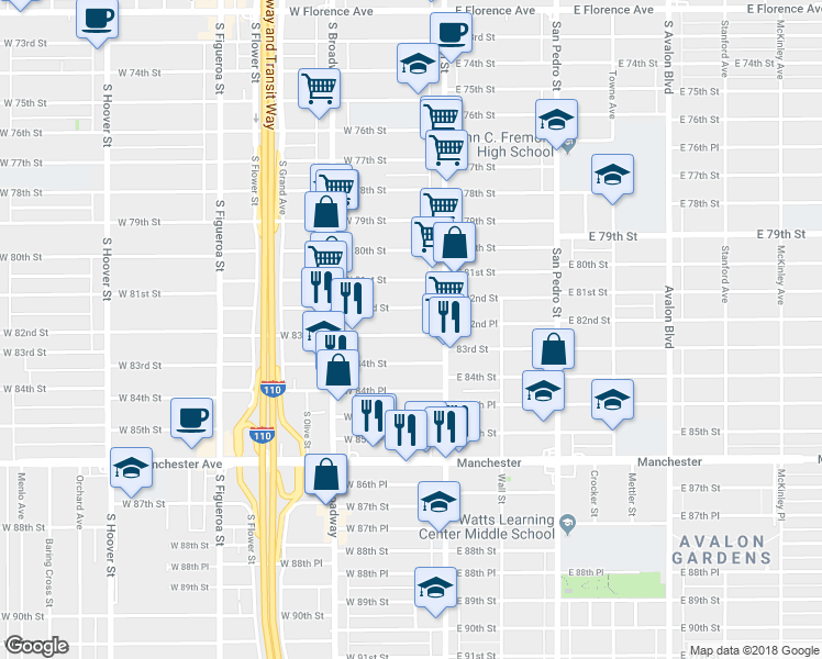 map of restaurants, bars, coffee shops, grocery stores, and more near 137 West 83rd Street in Los Angeles