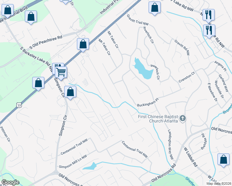 map of restaurants, bars, coffee shops, grocery stores, and more near 2755 Woodbine Hill Way in Norcross