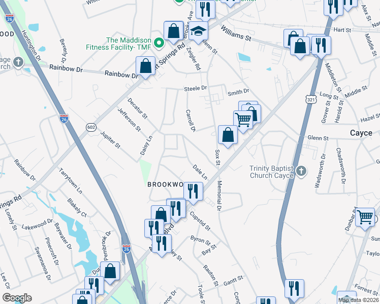 map of restaurants, bars, coffee shops, grocery stores, and more near 300 Dale Lane in Cayce