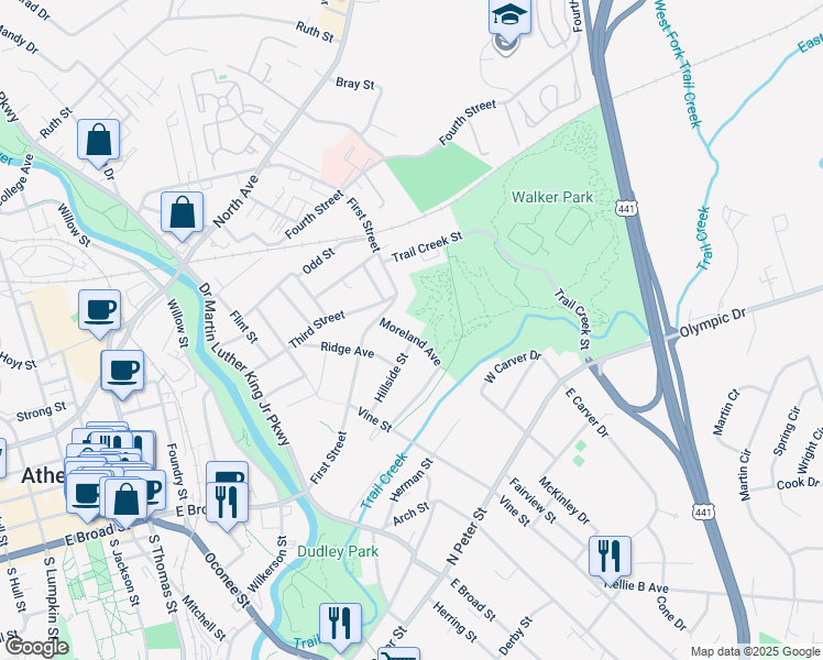 map of restaurants, bars, coffee shops, grocery stores, and more near 109 Moreland Avenue in Athens