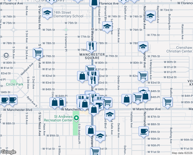 map of restaurants, bars, coffee shops, grocery stores, and more near 1742 West 82nd Street in Los Angeles