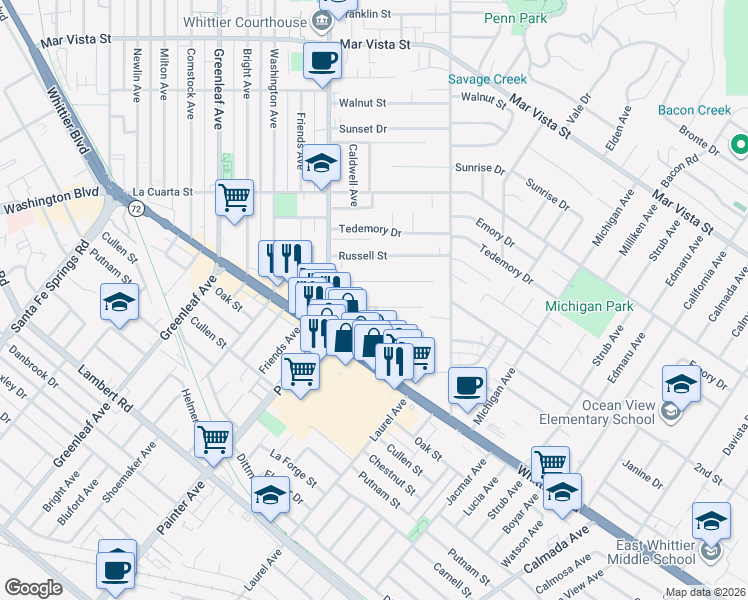 map of restaurants, bars, coffee shops, grocery stores, and more near 13527 Ramona Drive in Whittier