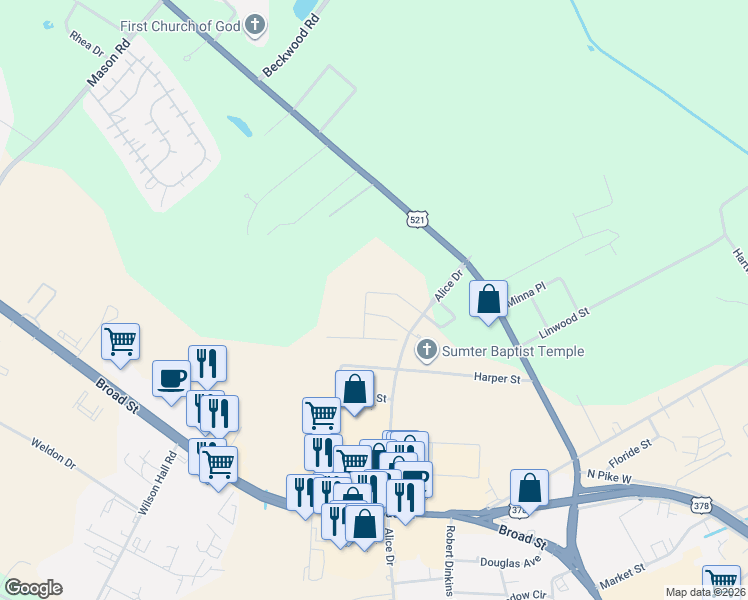 map of restaurants, bars, coffee shops, grocery stores, and more near 1600 Alice Drive in Sumter