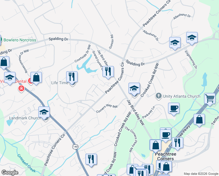 map of restaurants, bars, coffee shops, grocery stores, and more near 1624 Wynfield Trce in Peachtree Corners