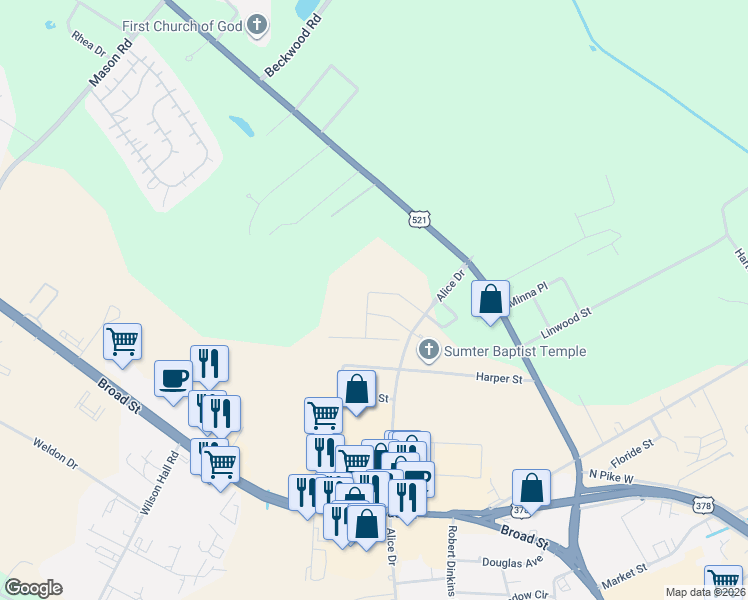 map of restaurants, bars, coffee shops, grocery stores, and more near 1600 Alice Drive in Sumter