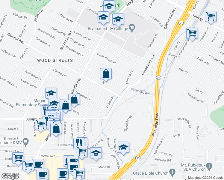 map of restaurants, bars, coffee shops, grocery stores, and more near 3509 Bandini Avenue in Riverside