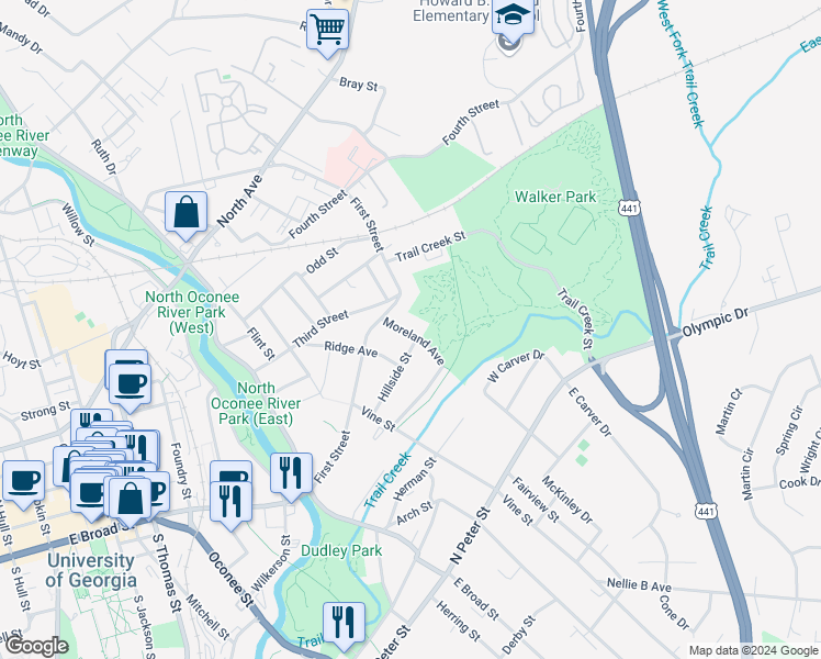 map of restaurants, bars, coffee shops, grocery stores, and more near 107 Moreland Avenue in Athens