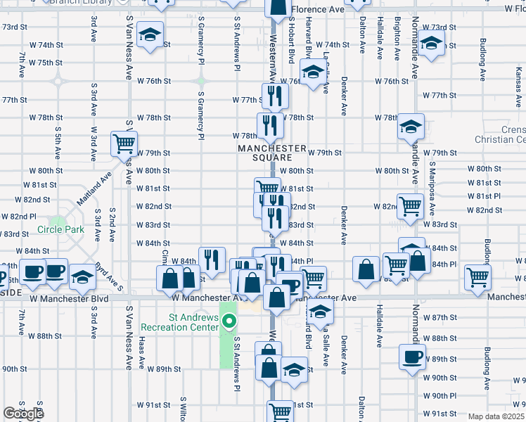 map of restaurants, bars, coffee shops, grocery stores, and more near 1814 West 82nd Street in Los Angeles