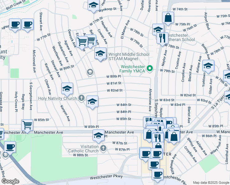 map of restaurants, bars, coffee shops, grocery stores, and more near 6506 West 82nd Street in Los Angeles