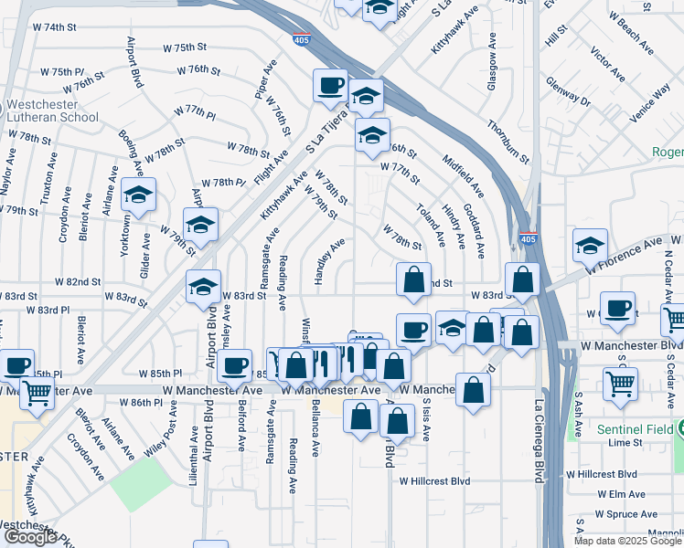 map of restaurants, bars, coffee shops, grocery stores, and more near 8130 Grimsby Avenue in Los Angeles
