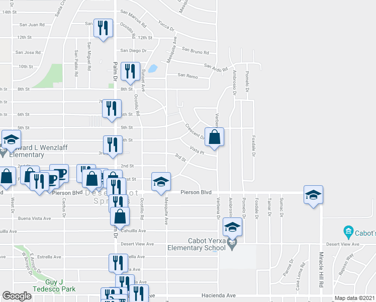 map of restaurants, bars, coffee shops, grocery stores, and more near 66855 Vista Pl in Desert Hot Springs