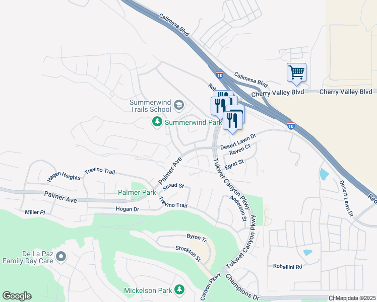 map of restaurants, bars, coffee shops, grocery stores, and more near 1006 Lavender Court in Calimesa
