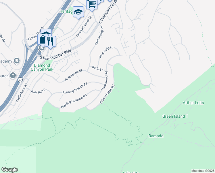 map of restaurants, bars, coffee shops, grocery stores, and more near 21598 Running Branch Road in Diamond Bar