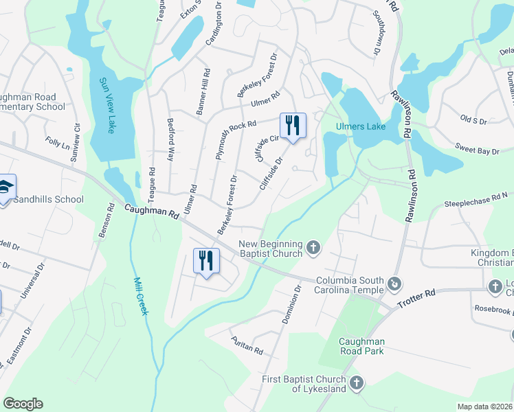 map of restaurants, bars, coffee shops, grocery stores, and more near 2616 Cliffside Drive in Columbia