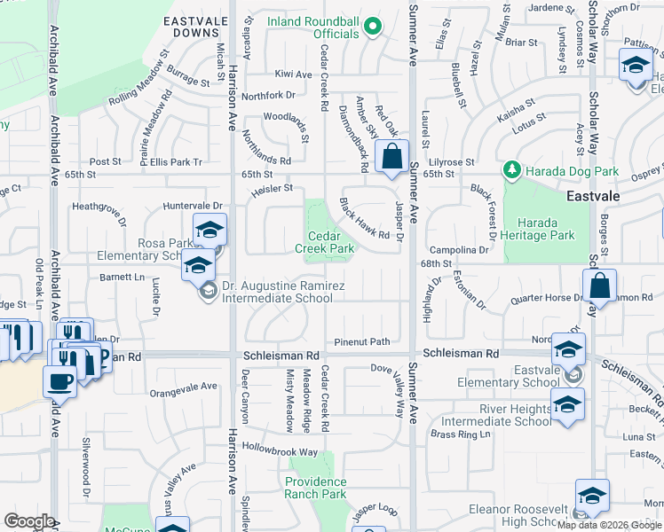 map of restaurants, bars, coffee shops, grocery stores, and more near 6812 Cedar Creek Road in Corona
