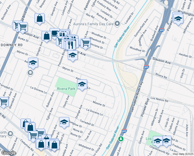 map of restaurants, bars, coffee shops, grocery stores, and more near 9719 Myron St in Pico Rivera