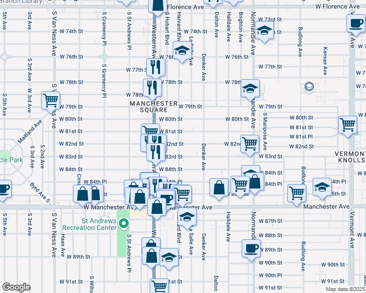 map of restaurants, bars, coffee shops, grocery stores, and more near 1652 West 82nd Street in Los Angeles