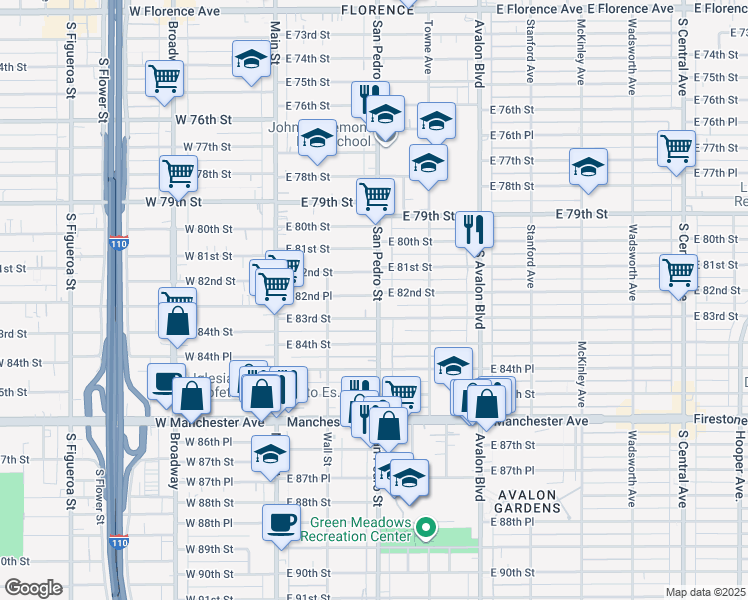 map of restaurants, bars, coffee shops, grocery stores, and more near 8220 San Pedro Street in Los Angeles
