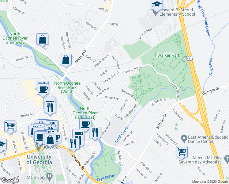 map of restaurants, bars, coffee shops, grocery stores, and more near 230 First Street in Athens