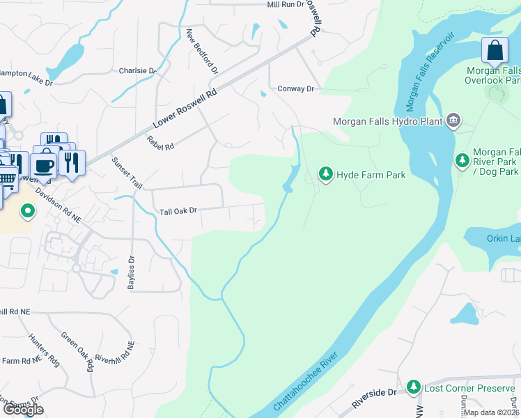 map of restaurants, bars, coffee shops, grocery stores, and more near 571 Autumn Lane in Marietta