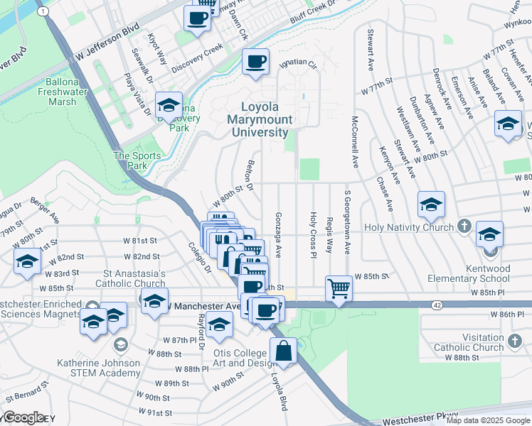 map of restaurants, bars, coffee shops, grocery stores, and more near 8106 Fordham Road in Los Angeles