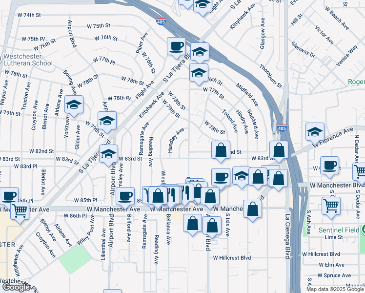 map of restaurants, bars, coffee shops, grocery stores, and more near 8130 Grimsby Avenue in Los Angeles