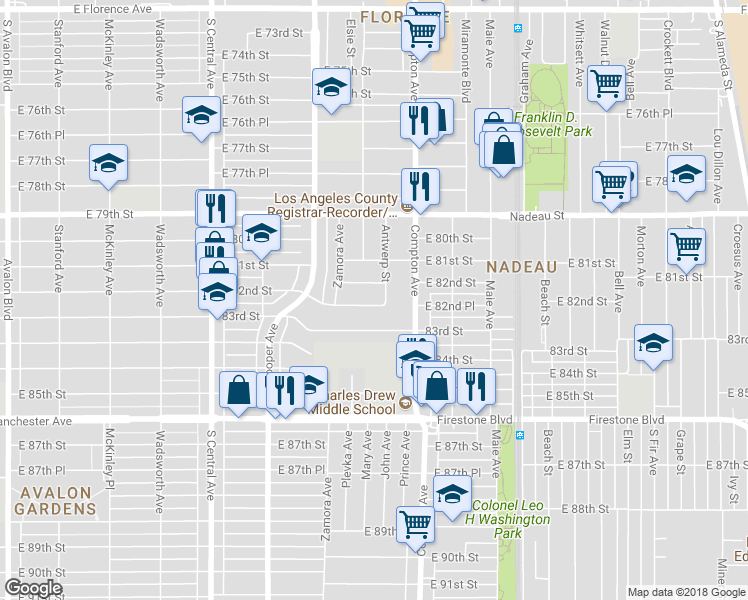 map of restaurants, bars, coffee shops, grocery stores, and more near 1447 East 82nd Street in Los Angeles