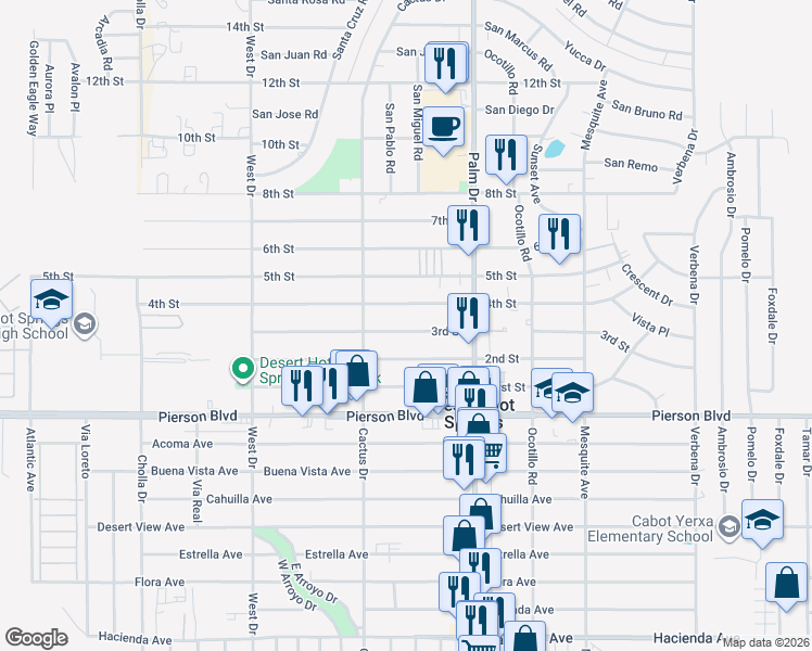 map of restaurants, bars, coffee shops, grocery stores, and more near 66348 3rd Street in Desert Hot Springs