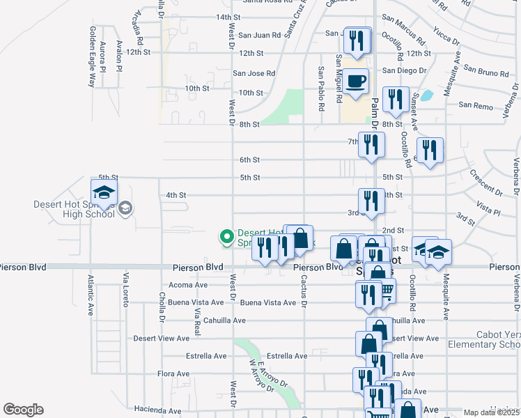 map of restaurants, bars, coffee shops, grocery stores, and more near 66126 3rd Street in Desert Hot Springs