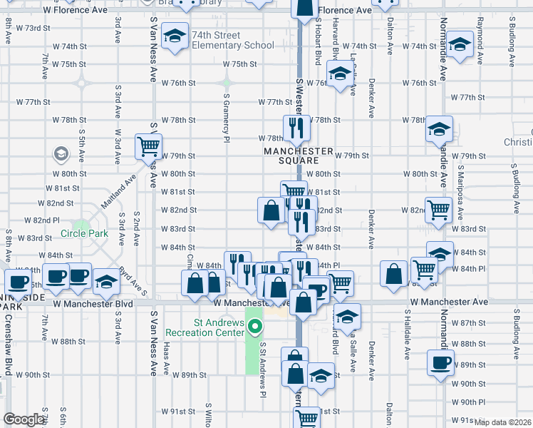map of restaurants, bars, coffee shops, grocery stores, and more near 1858 West 82nd Street in Los Angeles