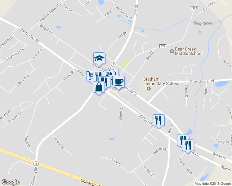 map of restaurants, bars, coffee shops, grocery stores, and more near 1938 Railroad Street in Statham