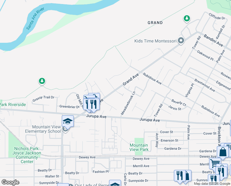 map of restaurants, bars, coffee shops, grocery stores, and more near 5890 Grand Avenue in Riverside