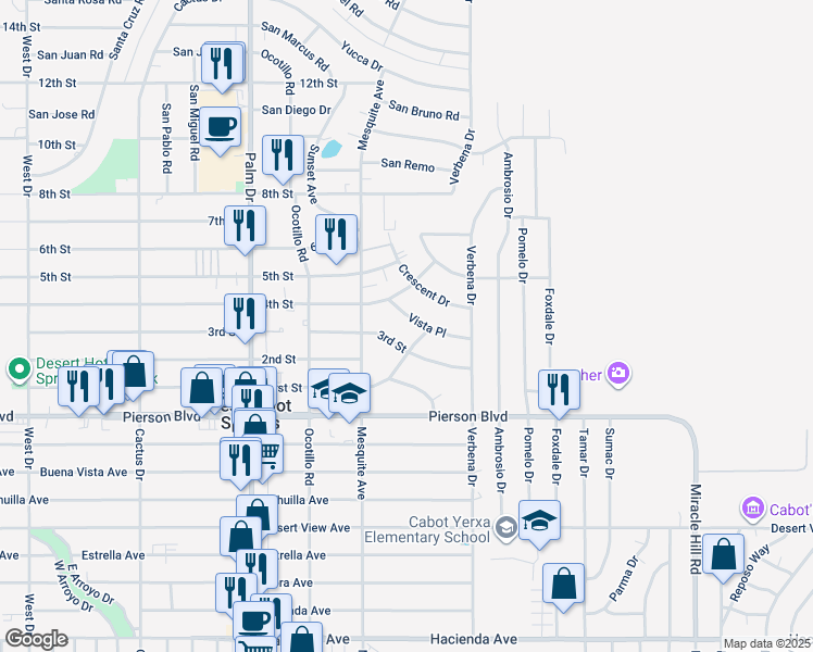 map of restaurants, bars, coffee shops, grocery stores, and more near 66900 Vista Place in Desert Hot Springs