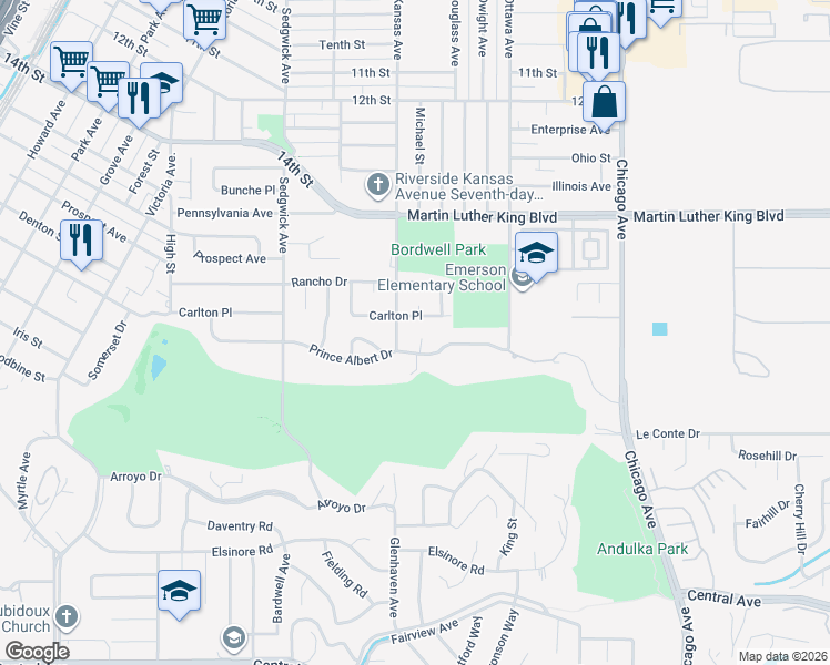 map of restaurants, bars, coffee shops, grocery stores, and more near 4752 Kansas Avenue in Riverside