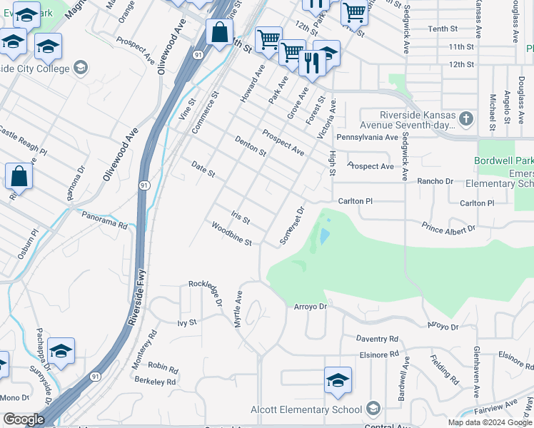 map of restaurants, bars, coffee shops, grocery stores, and more near 2750 Date Street in Riverside