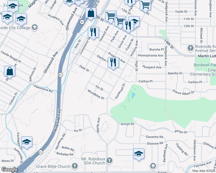 map of restaurants, bars, coffee shops, grocery stores, and more near 2750 Date Street in Riverside