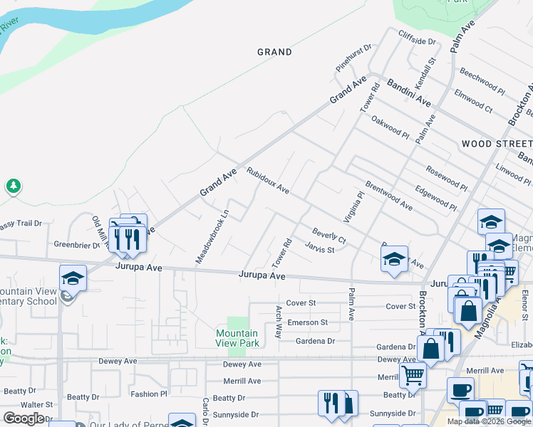 map of restaurants, bars, coffee shops, grocery stores, and more near 4818 Beverly Court in Riverside