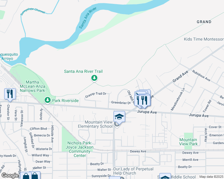map of restaurants, bars, coffee shops, grocery stores, and more near 5314 Grassy Trail Drive in Riverside