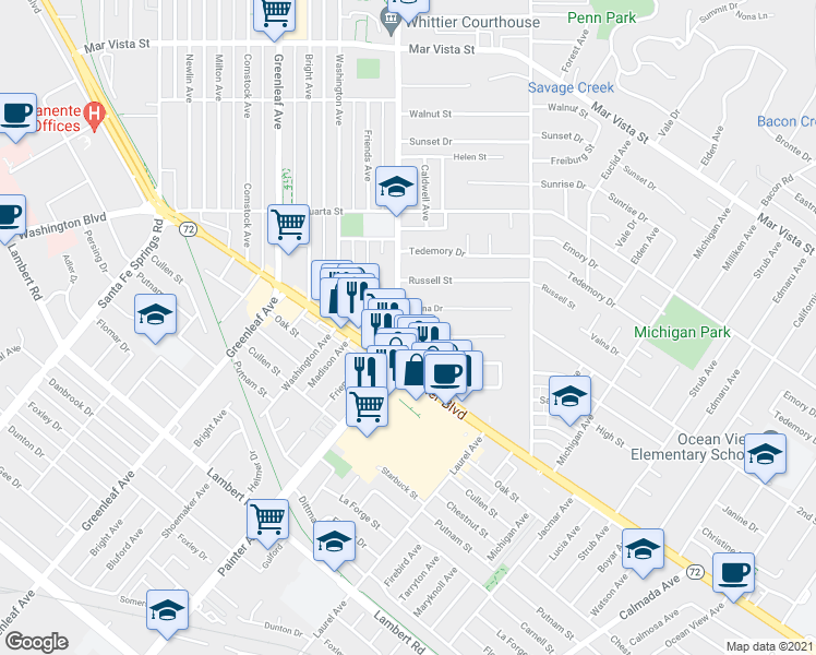map of restaurants, bars, coffee shops, grocery stores, and more near 13422 Valna Drive in Whittier
