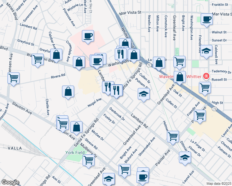 map of restaurants, bars, coffee shops, grocery stores, and more near 12598 Adler Drive in Whittier