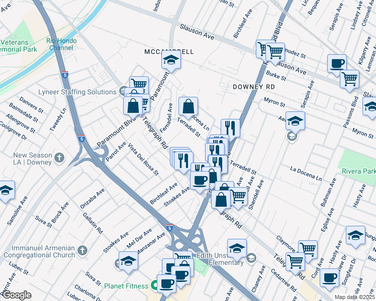 map of restaurants, bars, coffee shops, grocery stores, and more near 8371 Telegraph Road in Pico Rivera