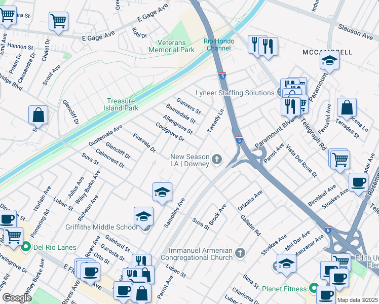 map of restaurants, bars, coffee shops, grocery stores, and more near 9008 Smallwood Avenue in Downey