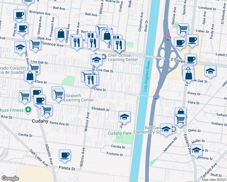 map of restaurants, bars, coffee shops, grocery stores, and more near 5117 Clara Street in Bell Gardens