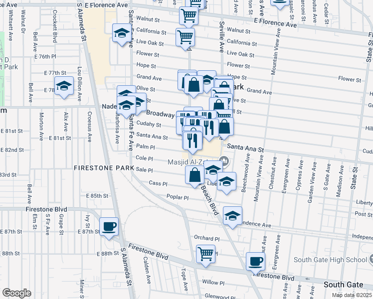 map of restaurants, bars, coffee shops, grocery stores, and more near 8115 Long Beach Boulevard in South Gate