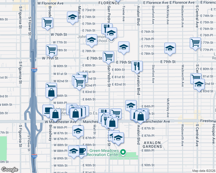 map of restaurants, bars, coffee shops, grocery stores, and more near 8220 San Pedro Street in Los Angeles