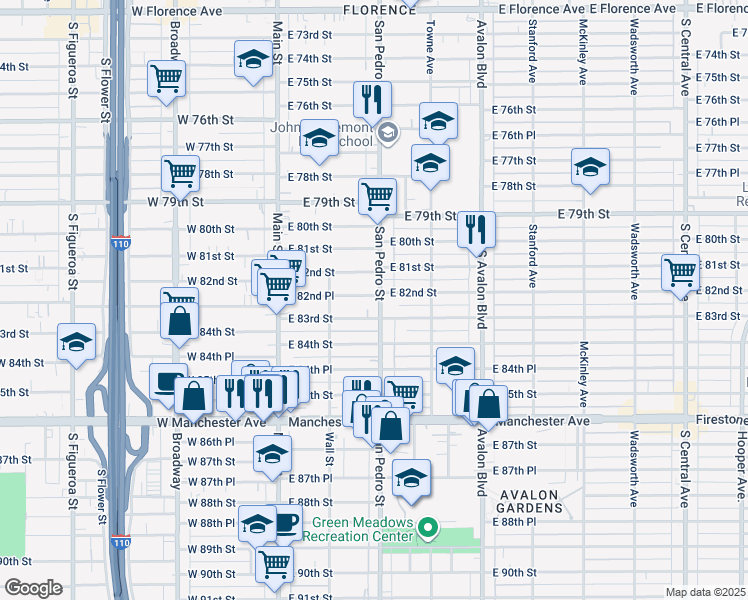 map of restaurants, bars, coffee shops, grocery stores, and more near 234 East 82nd Place in Los Angeles