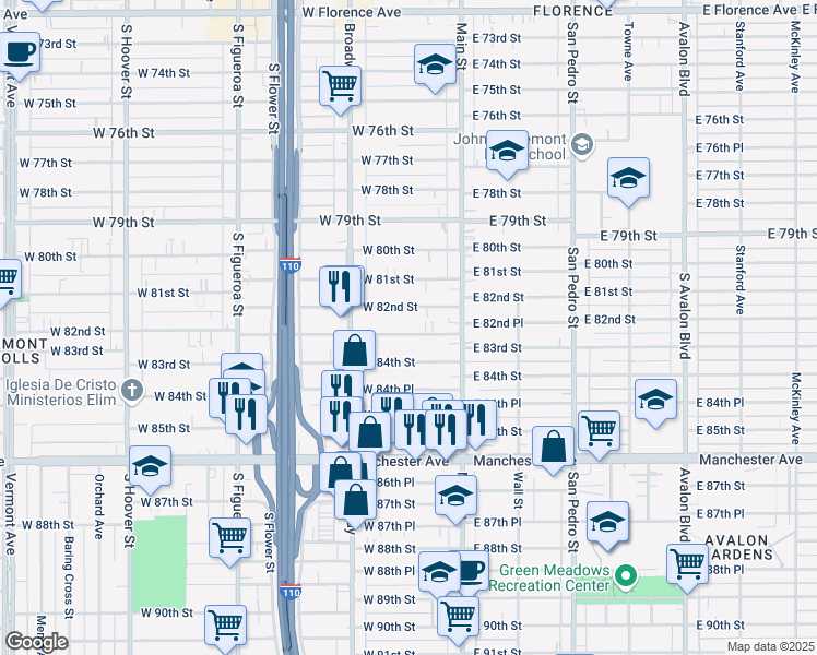 map of restaurants, bars, coffee shops, grocery stores, and more near 209 West 83rd Street in Los Angeles